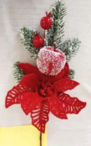Ветка с красным цветком  и заснеженным яблоком и ягодами 32 см 