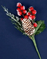 Ветка с красными ягодами и шишкой 25 см 