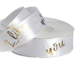 Лента атласная "I like you" 2,5см*25ярд, белый