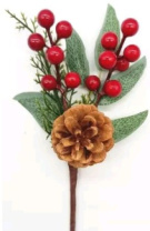 Ветка с красными ягодами и шишкой 22 см 