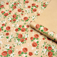 Крафт бумага Пионы красный  на коричневом фоне 720 мм/60гр/10м ± 5%