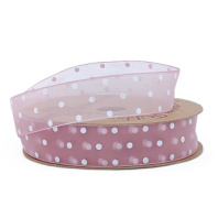 Лента органза  "Горошек" 25мм х30ярд чайная роза/белый