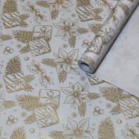 Упаковочная новогодняя бумага "Цветы" золотая 68см/60пл/10м Упаковочная новогодняя бумага "Цветы" золотая 68см/60пл/10м