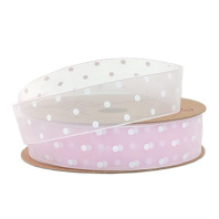 Лента органза "Горошек" 25мм х30ярд светло-розовый/белый