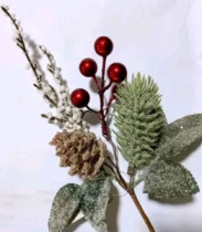 Ветка декоративная заснеженная с ягодами и шишкой 27 см 