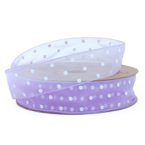 Лента органза  "Горошек" 25мм х30ярд сиреневый/белый