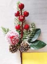 Ветка с заснеженным яблоком , ягодами и шишками 25 см