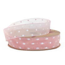 Лента органза  "Горошек" 25мм х30ярд пудра/белый