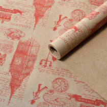 Крафт бумага "Лондон" красный цв. на коричневом фоне 70 см*8,5 ярд ± 5%