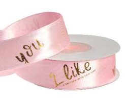 Лента атласная "I like you" 2,5см*25ярд, светло-розовый