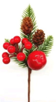 Ветка с красными ягодами и шишками  23 см 